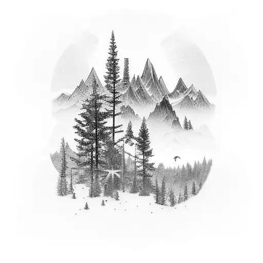 cross, rays of light, mountains, pine tree silhouette, larkspurs, daffodils,  tattoo design idea