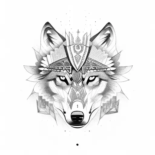 wolf with hawk Indian head dress tattoo design idea