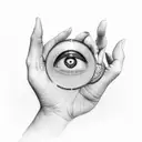 A detailed depiction of a person's hand reaching out towards a realistic eye in triangle, symbolizing self-improvement tattoo design idea