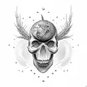 demonic child holding backbone with skull like balloon tattoo design idea