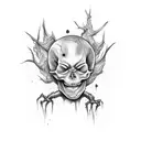 demonic child holding backbone with skull like balloon tattoo design idea