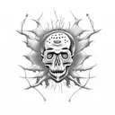 demonic child holding backbone with skull like balloon tattoo design idea