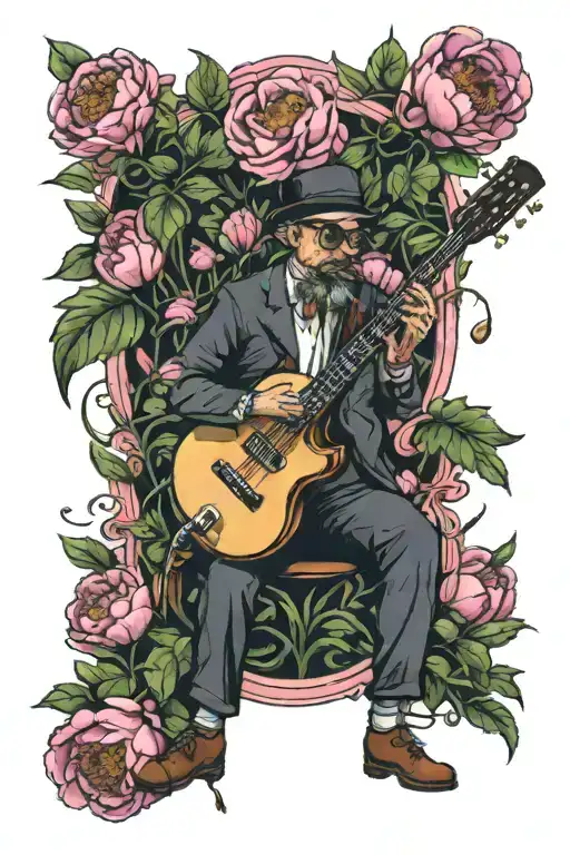 one man band playing in a meadow filled with pink peony flowers tattoo design idea