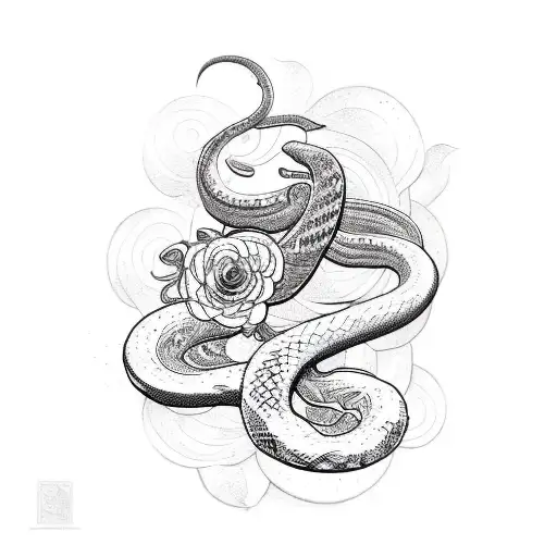 A sketch tattoo design of a snake shedding its skin, surrounded by blooming flowers, symbolizing growth and transformation tattoo design idea