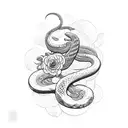 A sketch tattoo design of a snake shedding its skin, surrounded by blooming flowers, symbolizing growth and transformation tattoo design idea