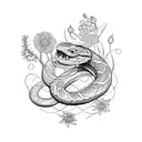 A sketch tattoo design of a snake shedding its skin, surrounded by blooming flowers, symbolizing growth and transformation tattoo design idea