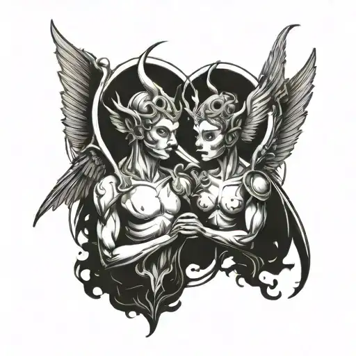 a whimsical devil and angel with a halo looking at eachother mischievously from heaven and Hell  tattoo design idea