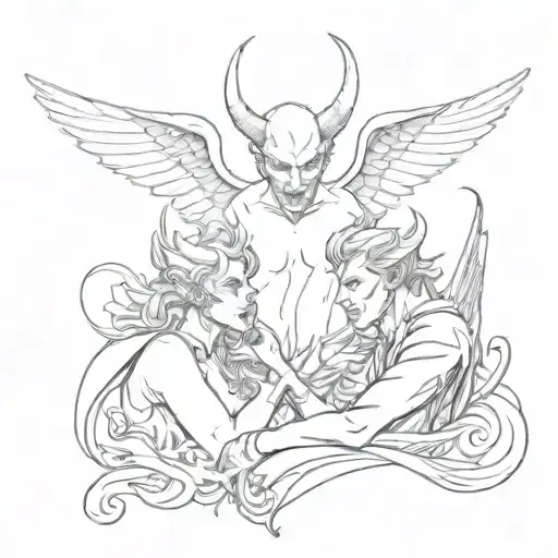 a whimsical devil looking up at an angel  tattoo design idea
