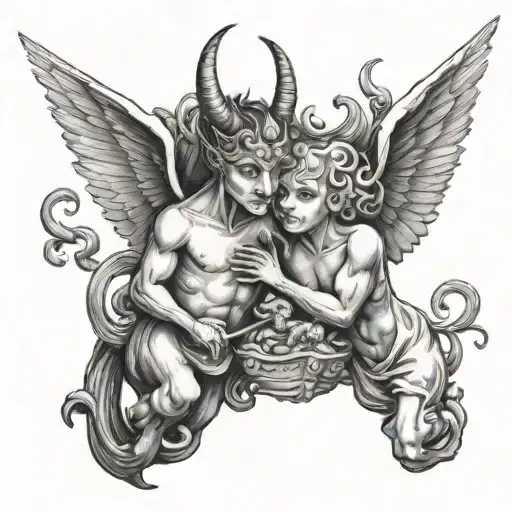 a whimsical devil and angel looking at eachother mischievously from heaven and Hell  tattoo design idea