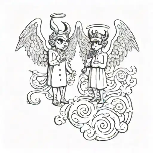 a whimsical devil and angel looking at eachother mischievously from heaven and Hell  tattoo design idea