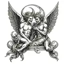 a whimsical devil and angel looking at eachother mischievously from heaven and Hell  tattoo design idea