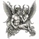 a whimsical devil and angel looking at eachother mischievously from heaven and Hell  tattoo design idea