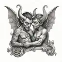 a whimsical devil and angel looking at eachother mischievously from heaven and Hell  tattoo design idea