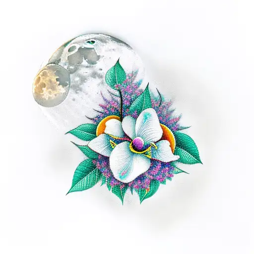 Moon, jasmine, Flor de Maga tattoo design idea
