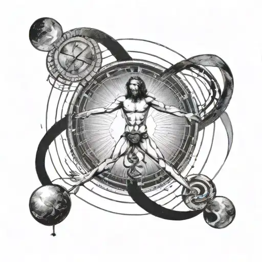 Vitruvian man with the fibonacci sequence over a solar eclipse tattoo design idea