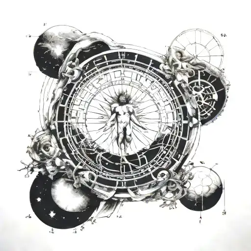 Atlas carrying the fibonacci sequence, inside is the vitruvian man, above the phases of solar eclipse tattoo design idea