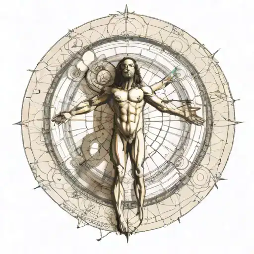 Vitruvian man with the fibonacci sequence over a solar eclipse tattoo design idea