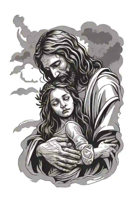 Jesus protecting a crying girl  tattoo design idea