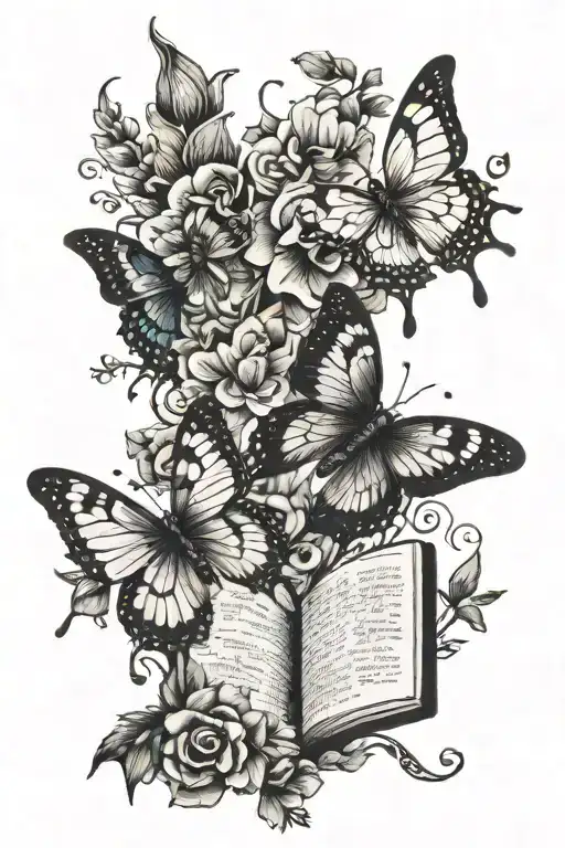 butterfly's and flowers and bible quote written tattoo design idea