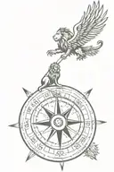 lion on top of a compass with a Phoenix flying in the sky with a  arrow tattoo design idea