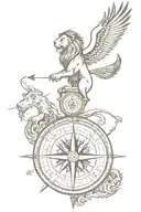 lion on top of a compass with a Phoenix flying in the sky with a  arrow tattoo design idea