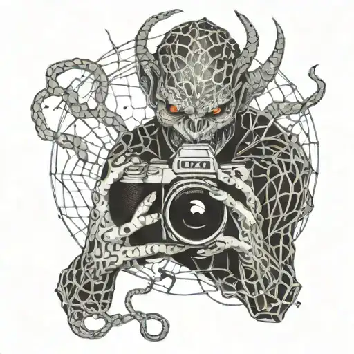 A demon holding a camera in a web of dark shadows  tattoo design idea