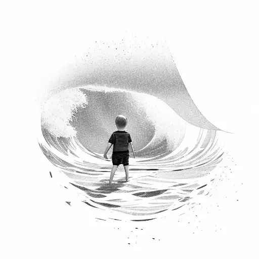 parent and a child standing against the wave in the sea. Some lines and circular forms around the main image  tattoo design idea