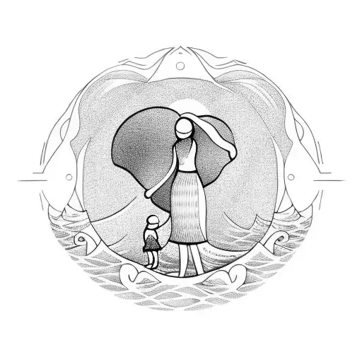 Mother and a child standing against the wave in the sea. Some lines and circular forms around the main image  tattoo design idea