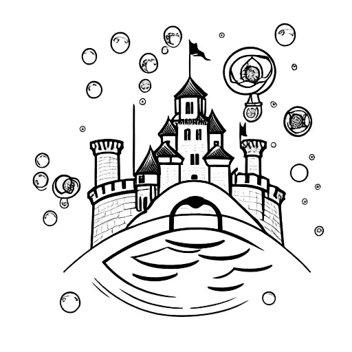 crossed hammers with a castle behind it and bubbles in the background tattoo design idea