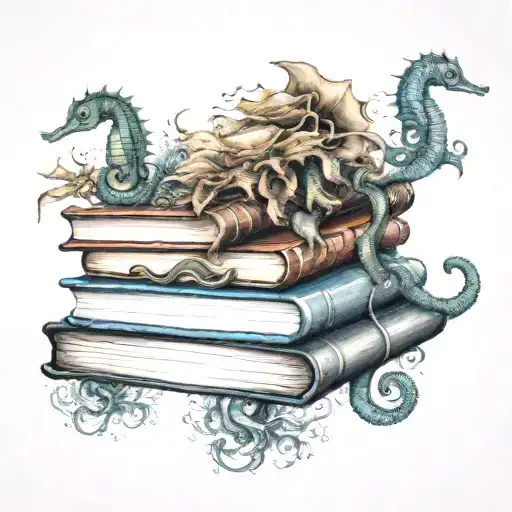 A realistic depiction of a stack of books with seahorses swimming around them, symbolizing the client's love for literature and marine life tattoo design idea
