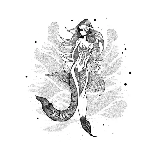 A unique mermaid with a robotic tail and a mystical aura tattoo design idea