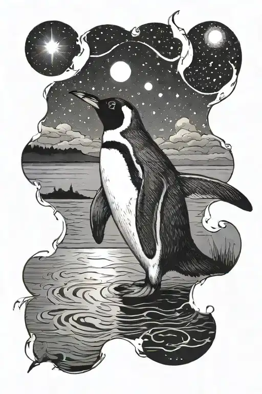 Penguin Looking up at a stary sky while inside a lake tattoo design idea