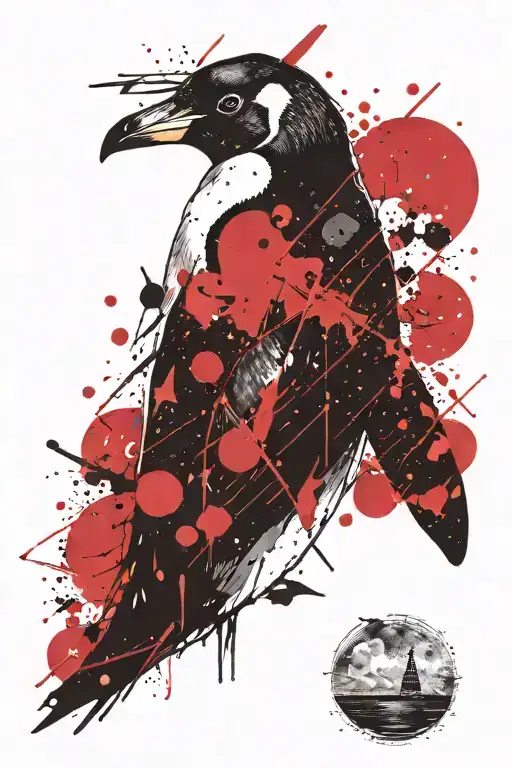 Penguin looking up at the sky filled with stars while inside a lake tattoo design idea