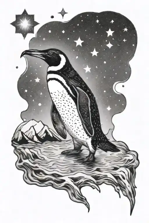 Penguin looking up at the sky filled with stars while inside a lake tattoo design idea
