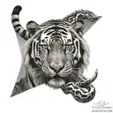A tiger and snake intertwined in a yin-yang symbol on the backdrop of Mount Kailash tattoo design idea