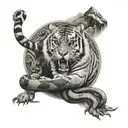 A tiger and snake intertwined in a yin-yang symbol on the backdrop of Mount Kailash tattoo design idea