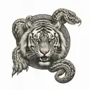 A tiger and snake intertwined in a yin-yang symbol on the backdrop of Mount Kailash tattoo design idea