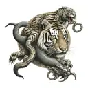 A tiger and snake intertwined in a yin-yang symbol on the backdrop of Mount Kailash tattoo design idea