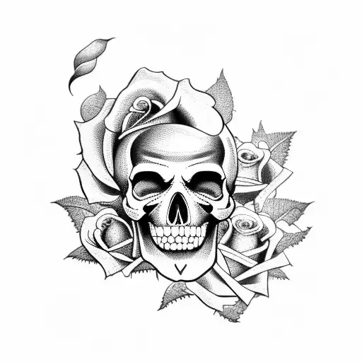 sleeve faded skull and roses in cloud background tattoo design idea
