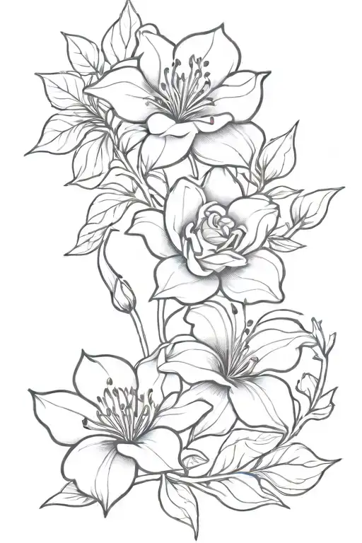 rose, lily and larkspur flowers intertwined hearts tattoo design idea