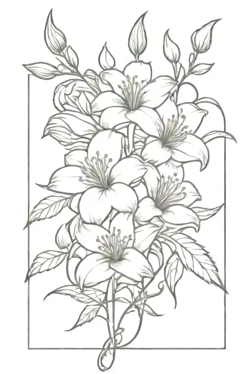 rose, lily and larkspur flowers intertwined vines tattoo design idea