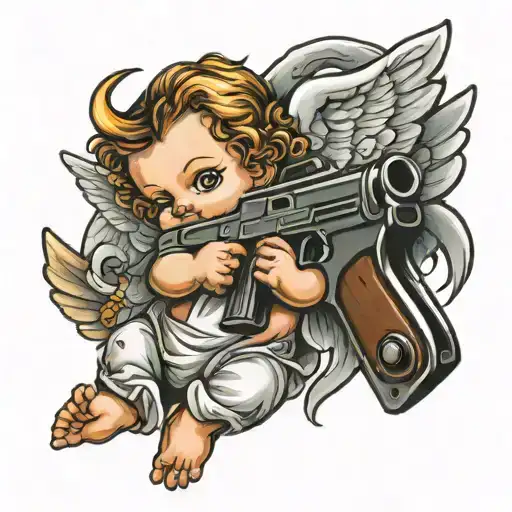 baby angel holding a automatic gun  tattoo design idea