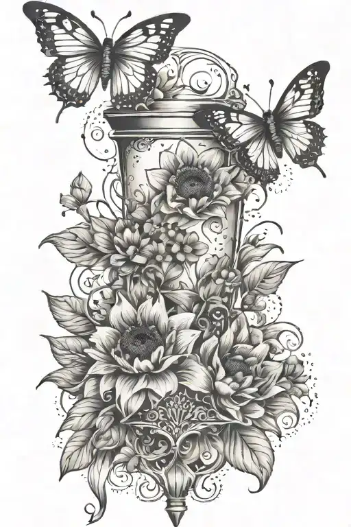 banner wrapping i want the name amanda hour glass containing butterflies and sunflowersin the back ground tattoo design idea