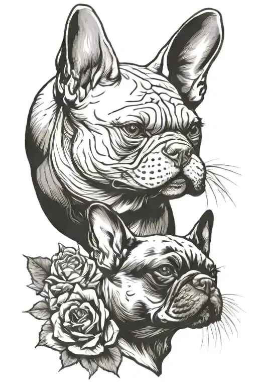 Sphynx cat vs French bulldog head tattoo design idea