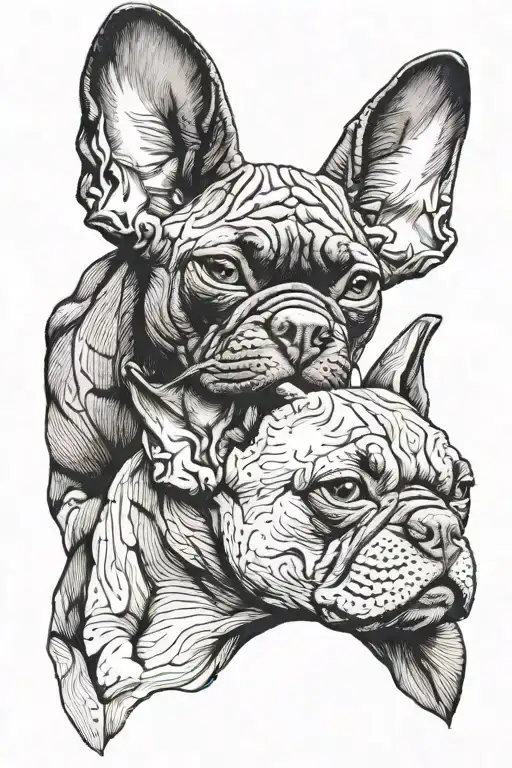 Sphynx cat and French bulldog heads near each other tattoo design idea