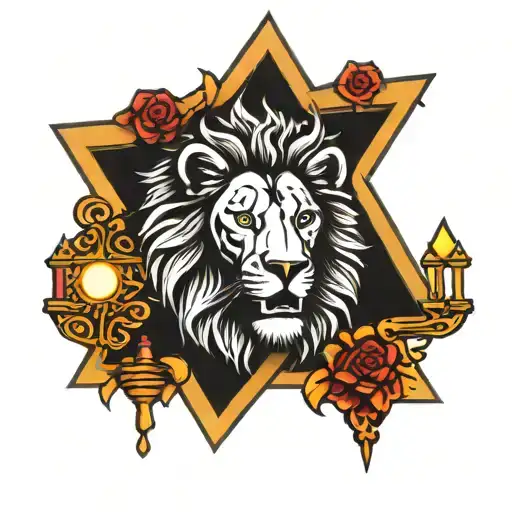 Lion and a menorah Star of David tattoo design idea