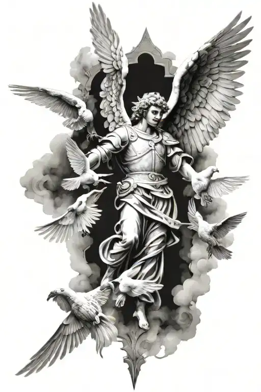 Realistic tattoo template for the whole arm. The upper half shows Archangel Michael surrounded by doves of peace. The tattoo design idea