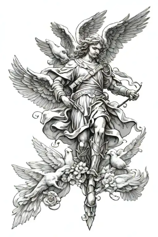 Realistic tattoo template for the whole arm. The upper half shows Archangel Michael surrounded by doves of peace. The tattoo design idea