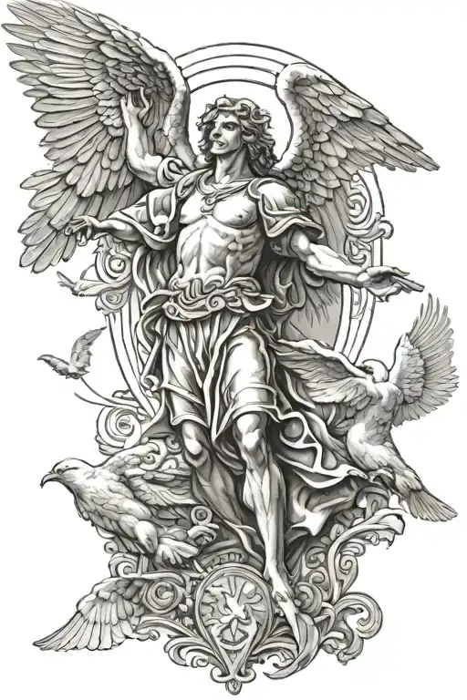 Realistic tattoo template for the whole arm. The upper half shows Archangel Michael surrounded by doves of peace. The tattoo design idea