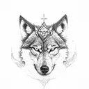 evil wolf with a jesus cross face cut in half and a mountain landscape and a river in the background tattoo design idea
